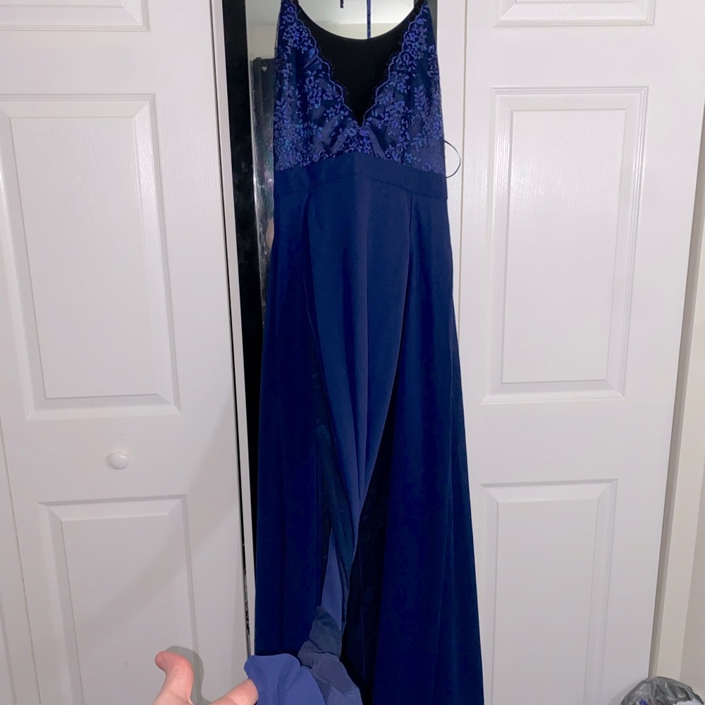 XL Floor length- double thigh/hip high slits. Navy blue, floral embroidery